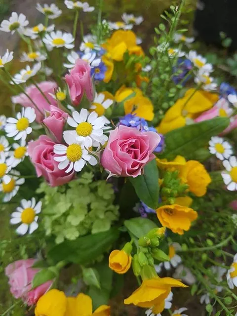 Detail eines Straußes mit rosa Rosen, Narzissen und Kamille