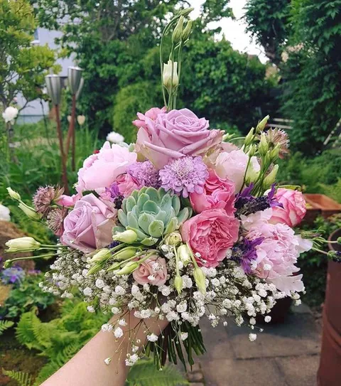 Hand hält einen Strauß mit rosa Rosen, Sukkulente und Schleierkraut