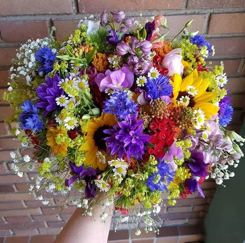 Sommerstrauß mit Sonnenblumen, Kornblumen und Frauenmantel